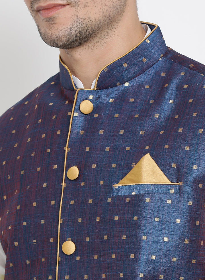 Sarvati Men's Blue Zari Weaved Jacket With Kurta Pyjama Set