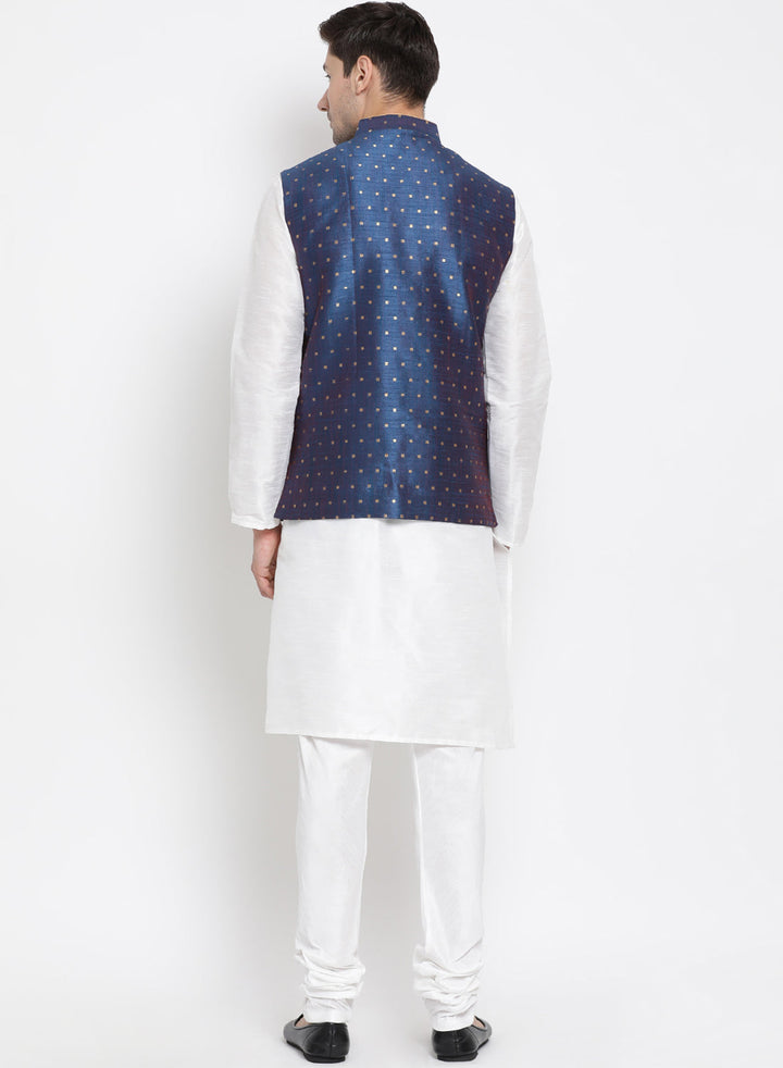 Sarvati Men's Blue Zari Weaved Jacket With Kurta Pyjama Set