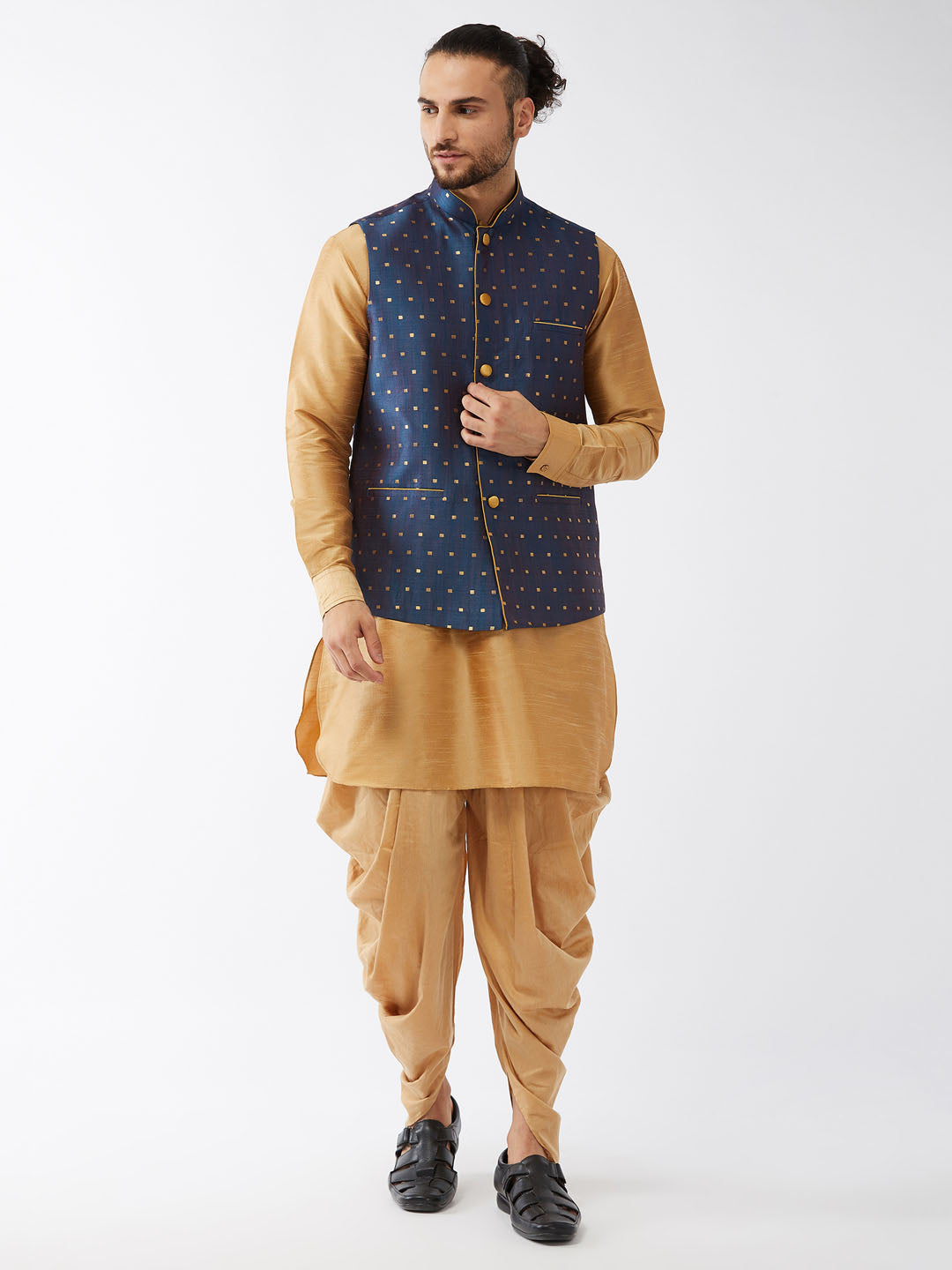 Sarvati Men's Blue Zari Weaved Jacket With Kurta Dhoti Set