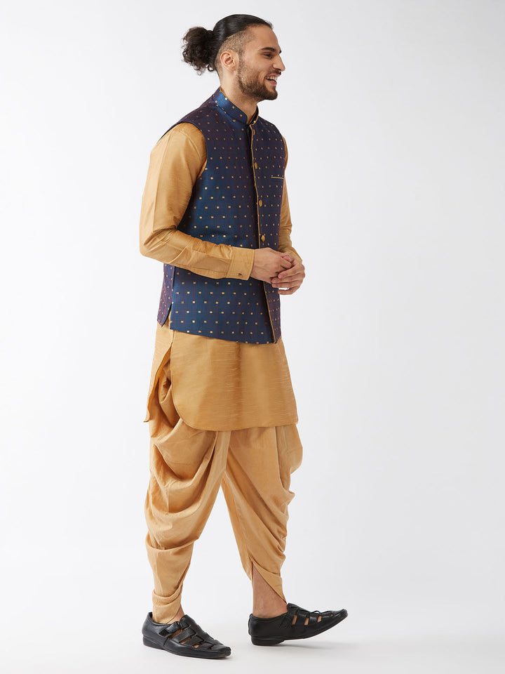 Sarvati Men's Blue Zari Weaved Jacket With Kurta Dhoti Set