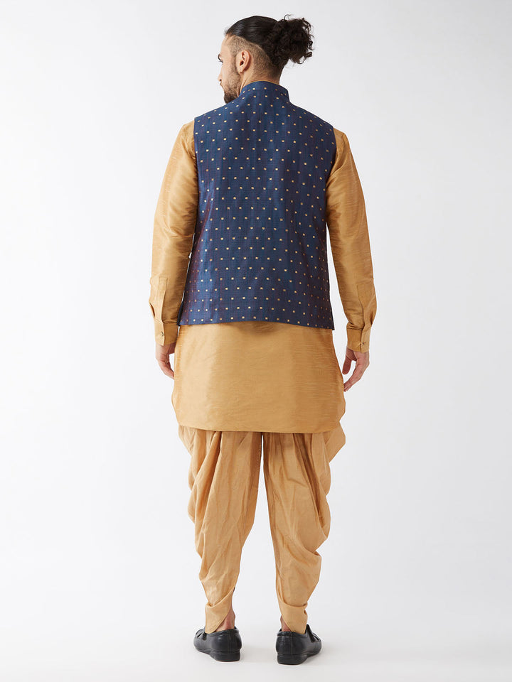 Sarvati Men's Blue Zari Weaved Jacket With Kurta Dhoti Set