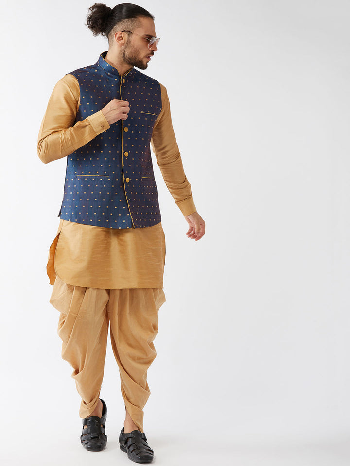 Sarvati Men's Blue Zari Weaved Jacket With Kurta Dhoti Set