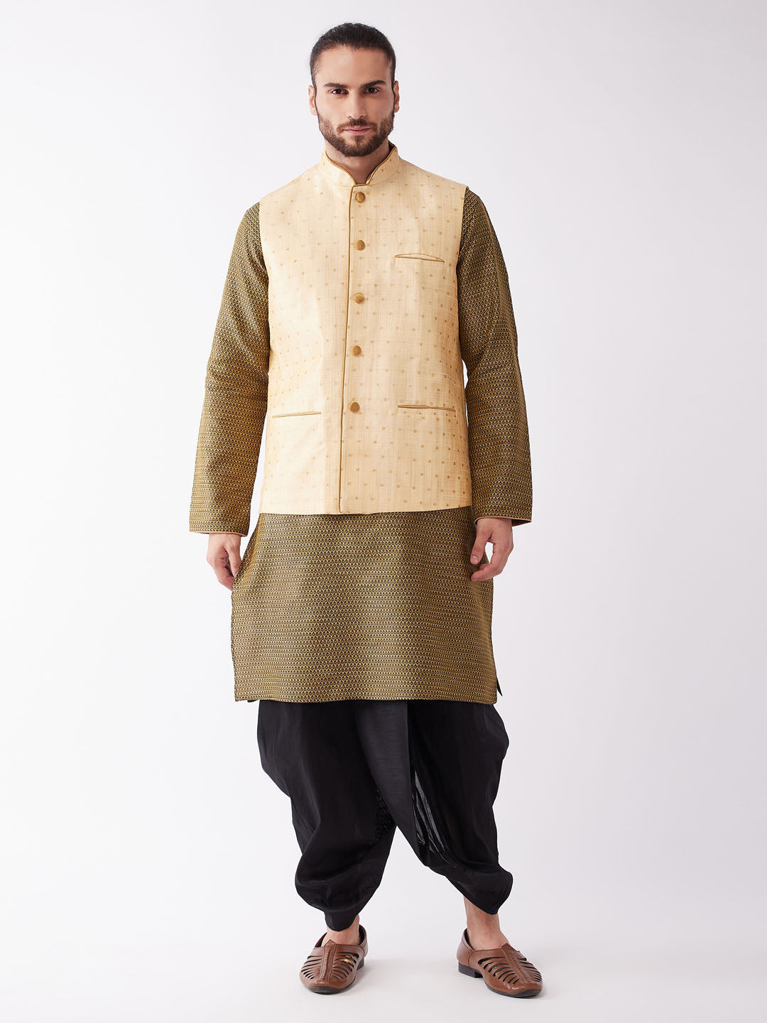 Sarvati Men's Gold Zari Weaved Jacket With Kurta Dhoti Set