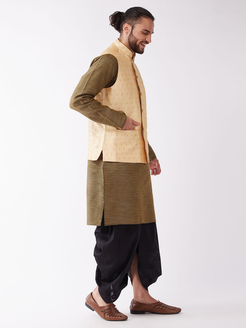 Sarvati Men's Gold Zari Weaved Jacket With Kurta Dhoti Set