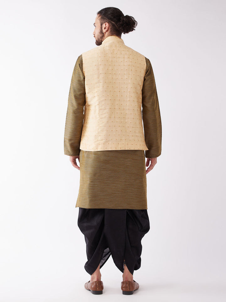 Sarvati Men's Gold Zari Weaved Jacket With Kurta Dhoti Set