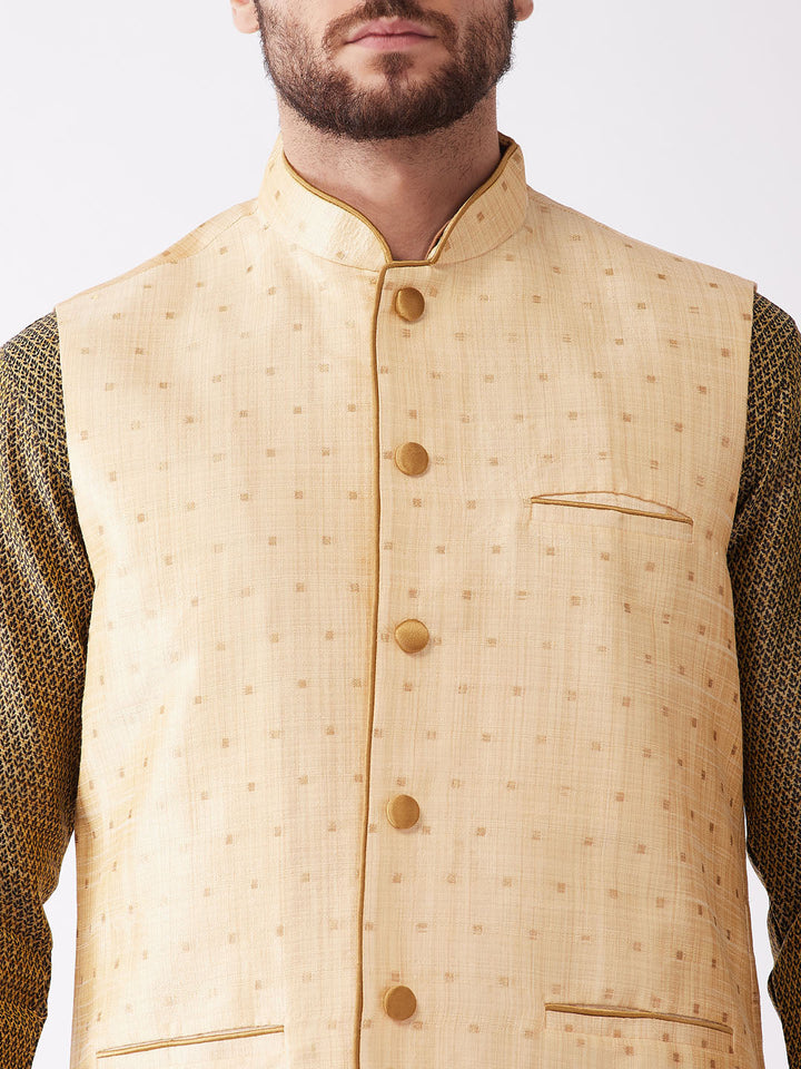 Sarvati Men's Gold Zari Weaved Jacket With Kurta Dhoti Set