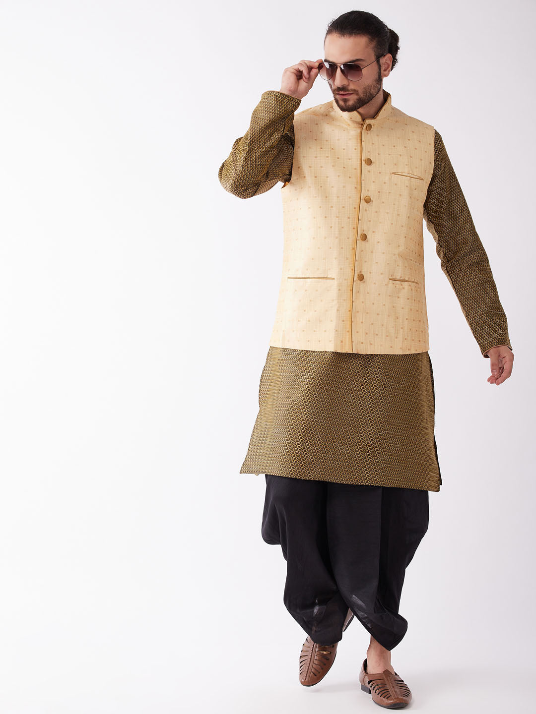 Sarvati Men's Gold Zari Weaved Jacket With Kurta Dhoti Set