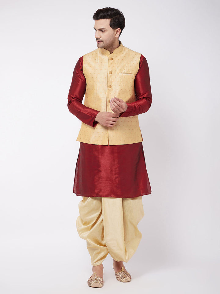 Sarvati Men's Gold Zari Weaved Jacket With Kurta Dhoti Set