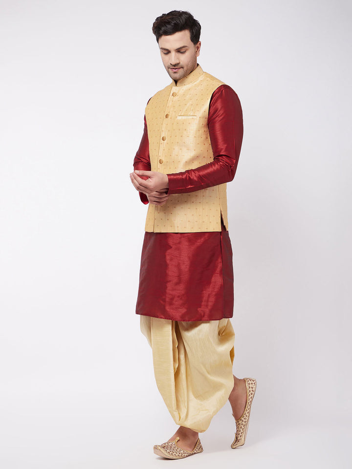 Sarvati Men's Gold Zari Weaved Jacket With Kurta Dhoti Set