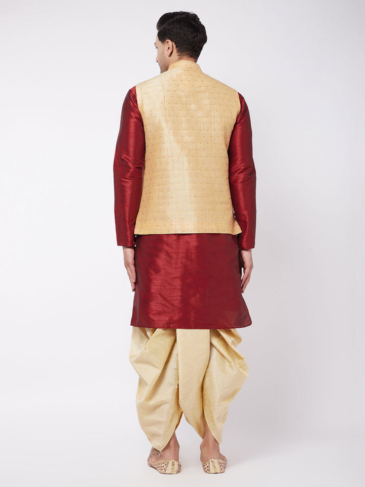 Sarvati Men's Gold Zari Weaved Jacket With Kurta Dhoti Set