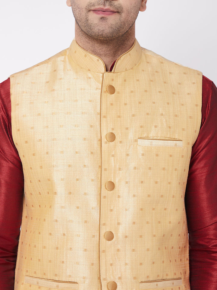 Sarvati Men's Gold Zari Weaved Jacket With Kurta Dhoti Set