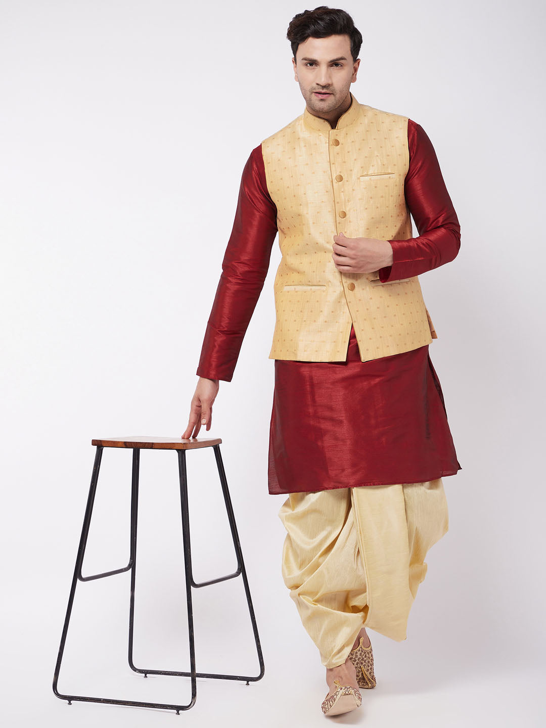 Sarvati Men's Gold Zari Weaved Jacket With Kurta Dhoti Set