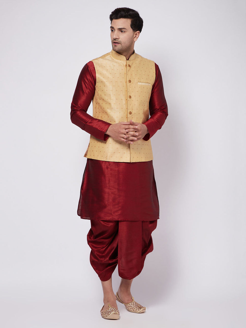 Sarvati Men's Maroon Zari Weaved Jacket With Kurta Dhoti Set