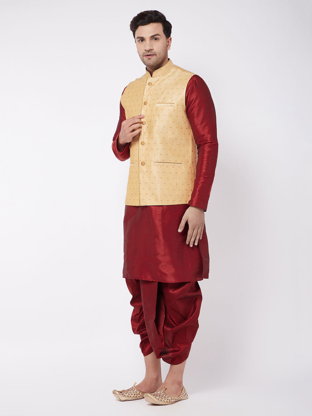 Sarvati Men's Maroon Zari Weaved Jacket With Kurta Dhoti Set