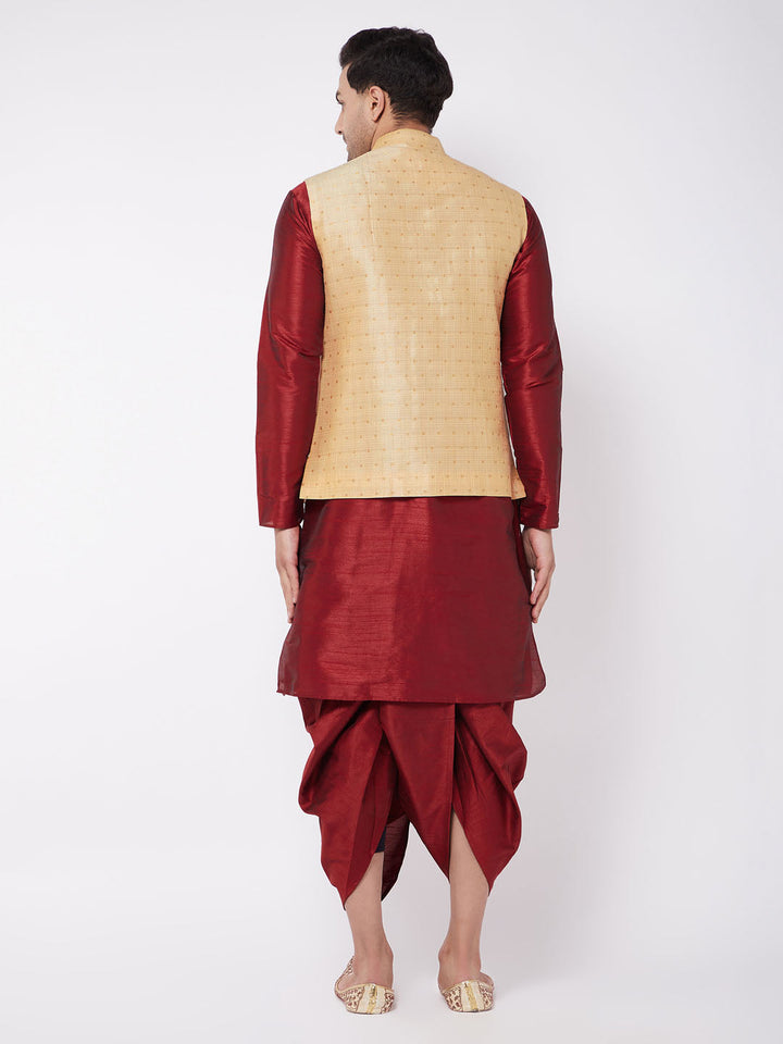 Sarvati Men's Maroon Zari Weaved Jacket With Kurta Dhoti Set