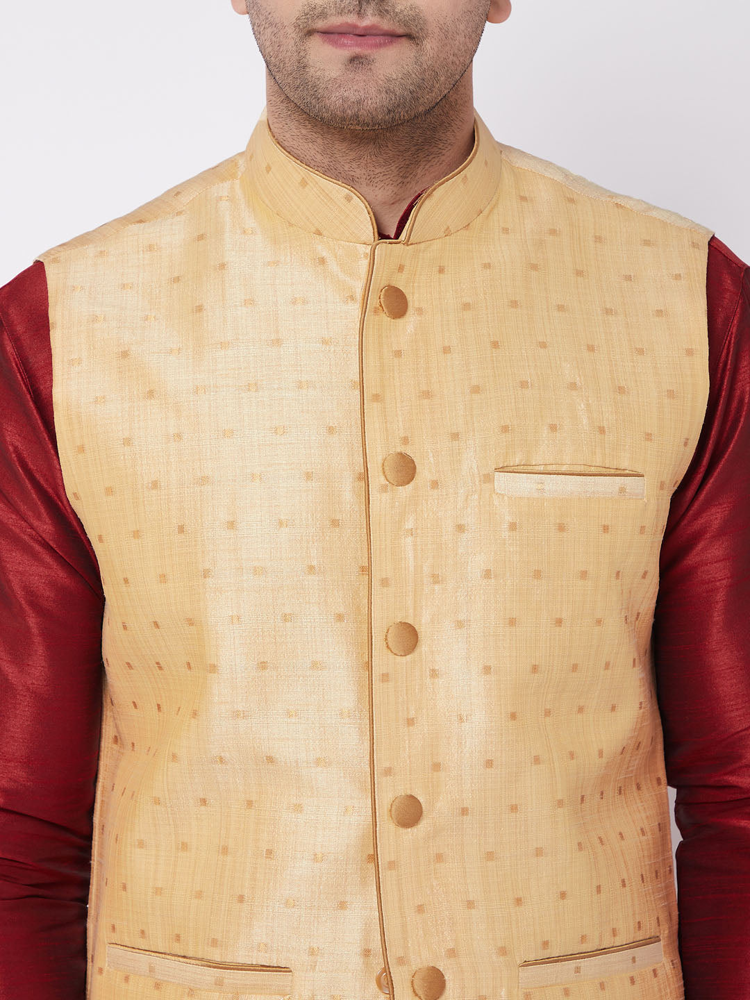 Sarvati Men's Maroon Zari Weaved Jacket With Kurta Dhoti Set