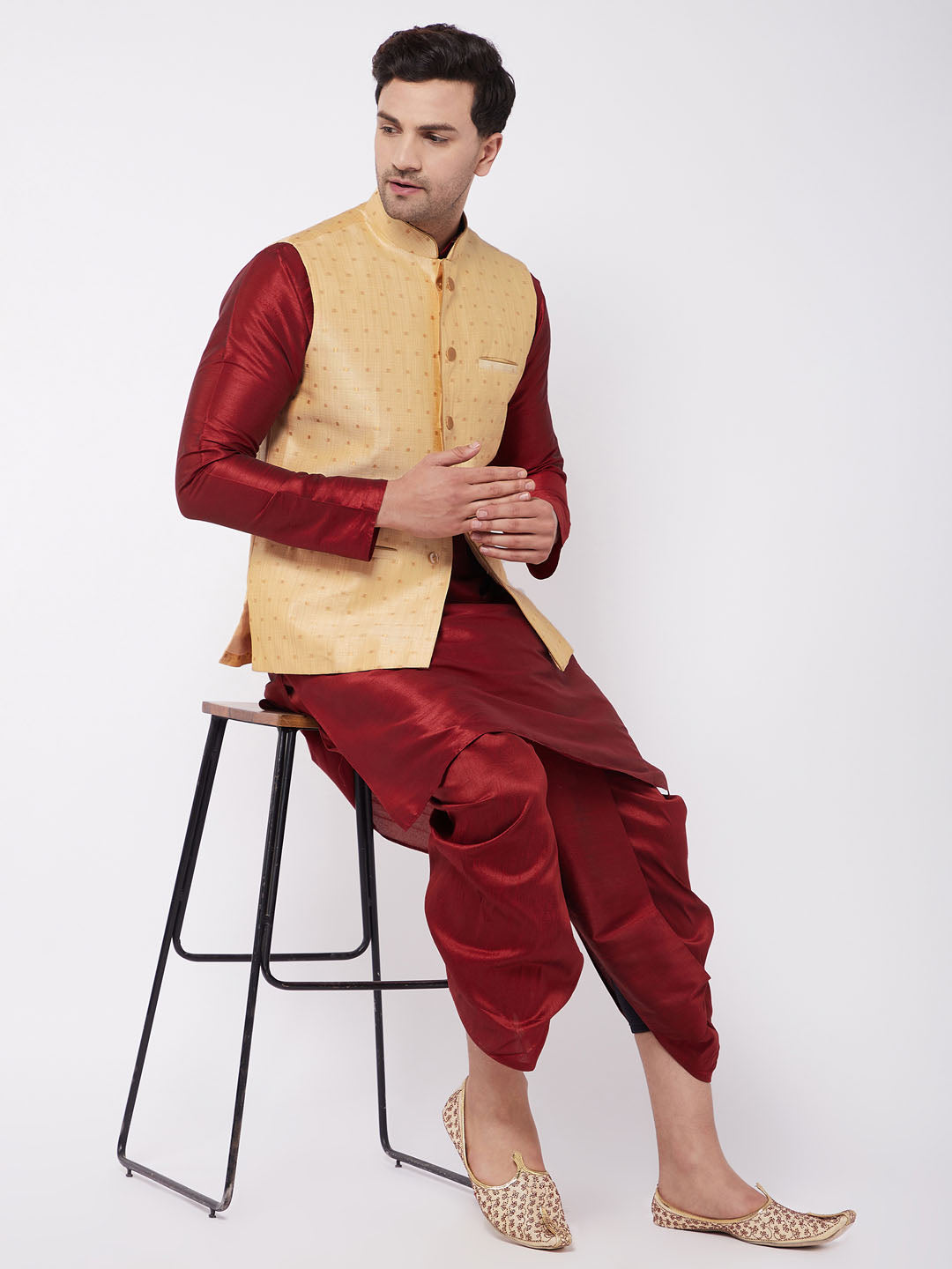 Sarvati Men's Maroon Zari Weaved Jacket With Kurta Dhoti Set