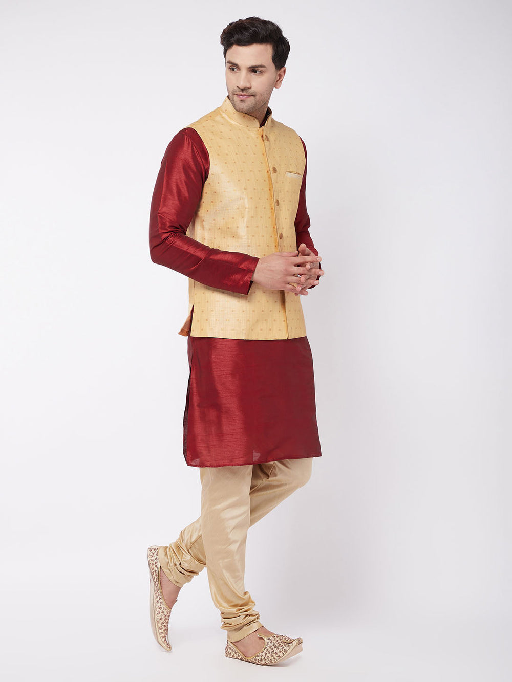 Sarvati Men's Gold Zari Weaved Jacket With Kurta Pyjama Set