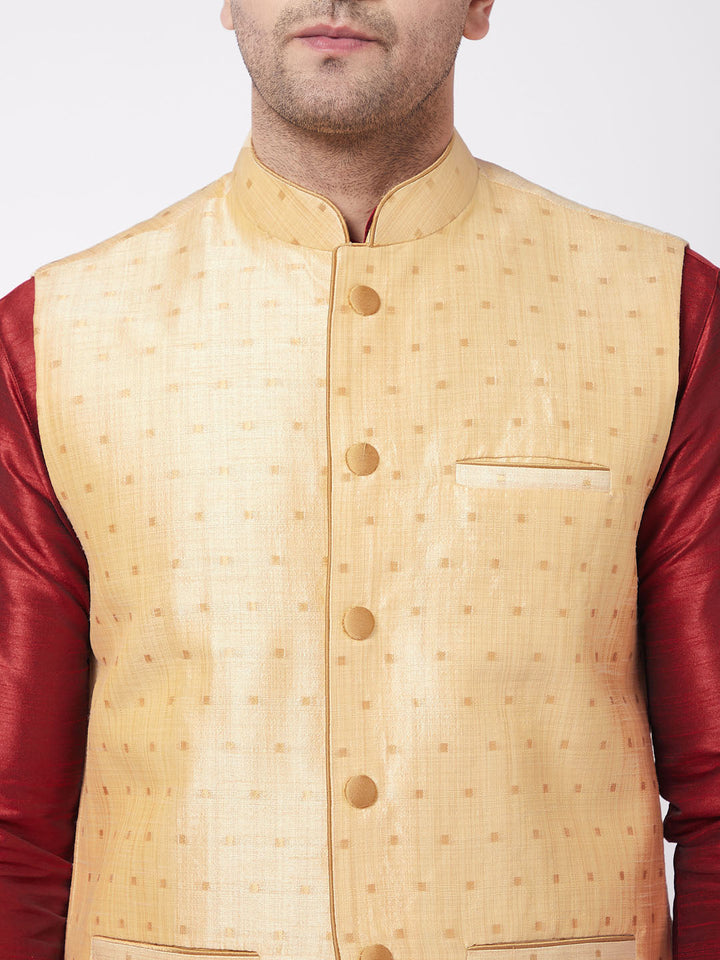 Sarvati Men's Gold Zari Weaved Jacket With Kurta Pyjama Set