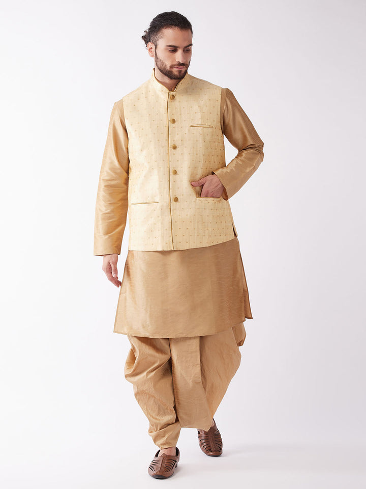 Sarvati Men's Gold Zari Weaved Jacket With Kurta Dhoti Set