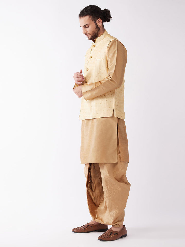 Sarvati Men's Gold Zari Weaved Jacket With Kurta Dhoti Set