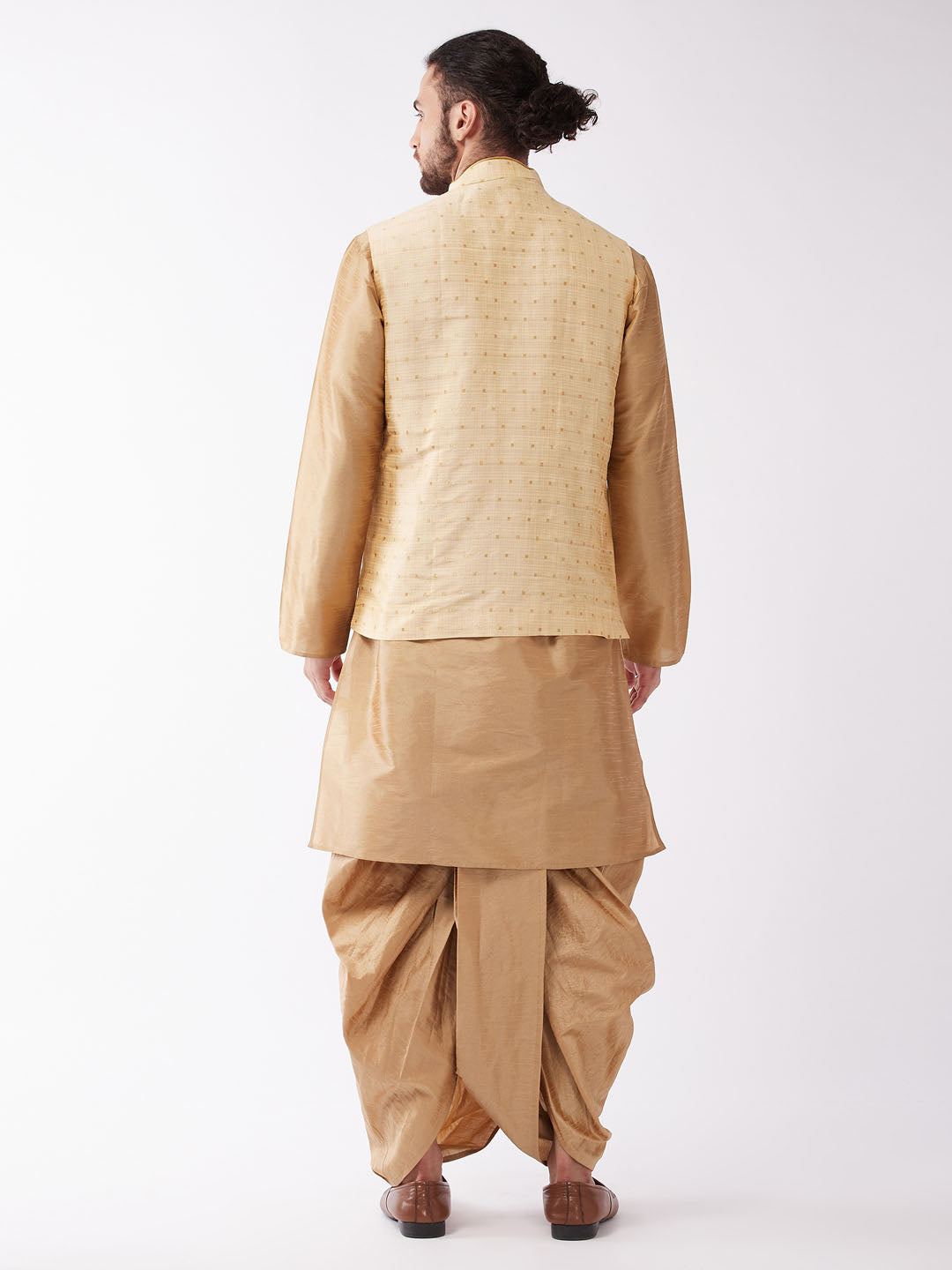 Sarvati Men's Gold Zari Weaved Jacket With Kurta Dhoti Set