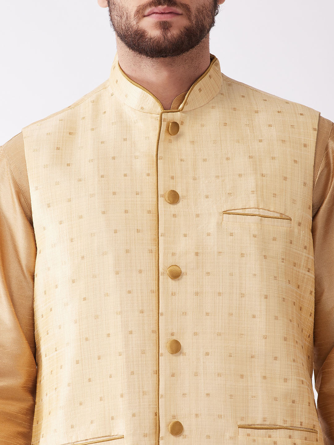 Sarvati Men's Gold Zari Weaved Jacket With Kurta Dhoti Set