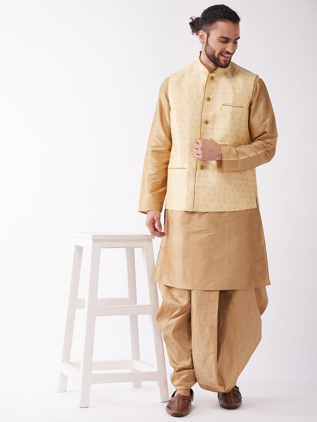 Sarvati Men's Gold Zari Weaved Jacket With Kurta Dhoti Set