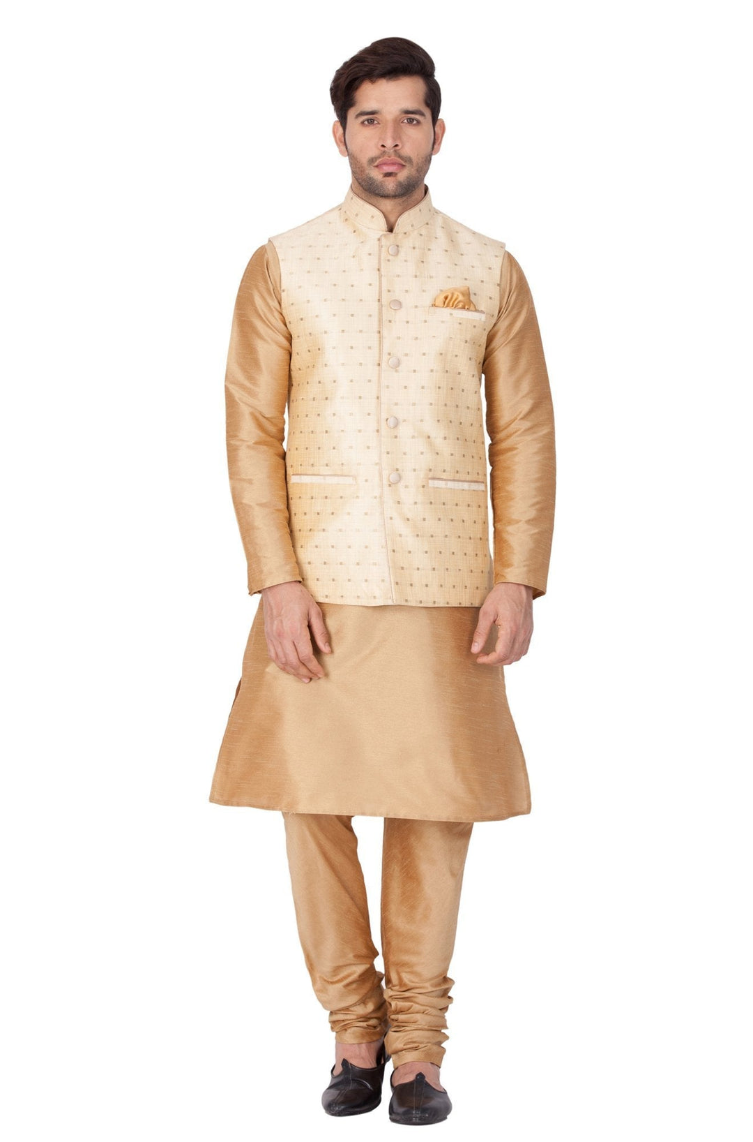 Sarvati Men's Gold Zari Weaved Jacket With Kurta Pyjama Set