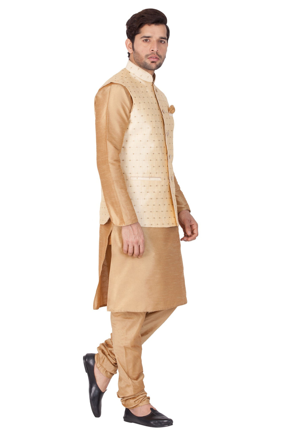 Sarvati Men's Gold Zari Weaved Jacket With Kurta Pyjama Set