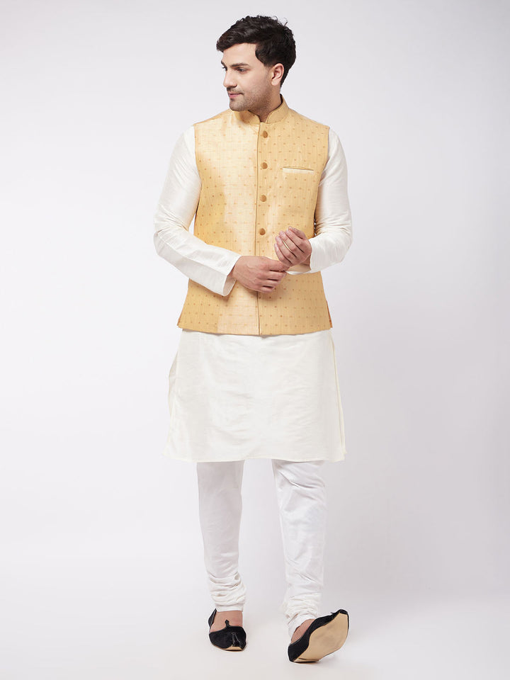 Sarvati Men's Gold Zari Weaved Jacket With Kurta Pyjama Set