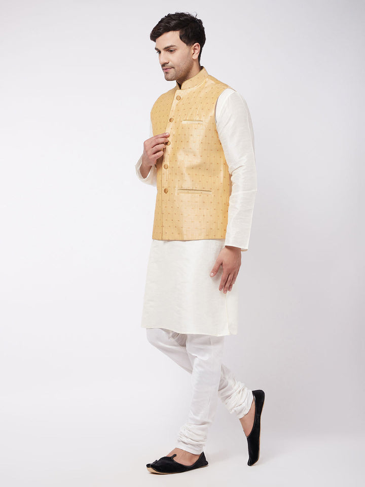 Sarvati Men's Gold Zari Weaved Jacket With Kurta Pyjama Set