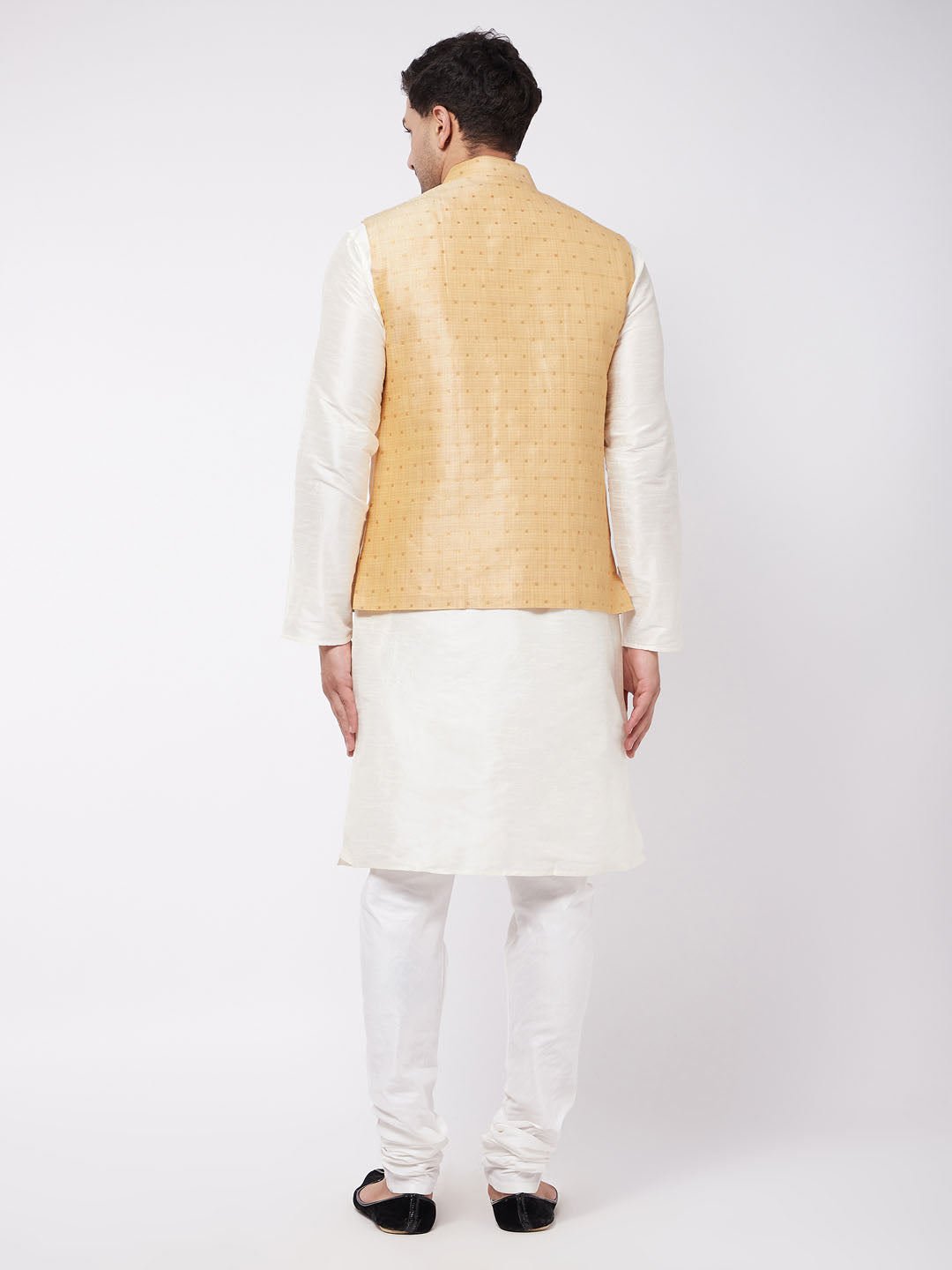 Sarvati Men's Gold Zari Weaved Jacket With Kurta Pyjama Set