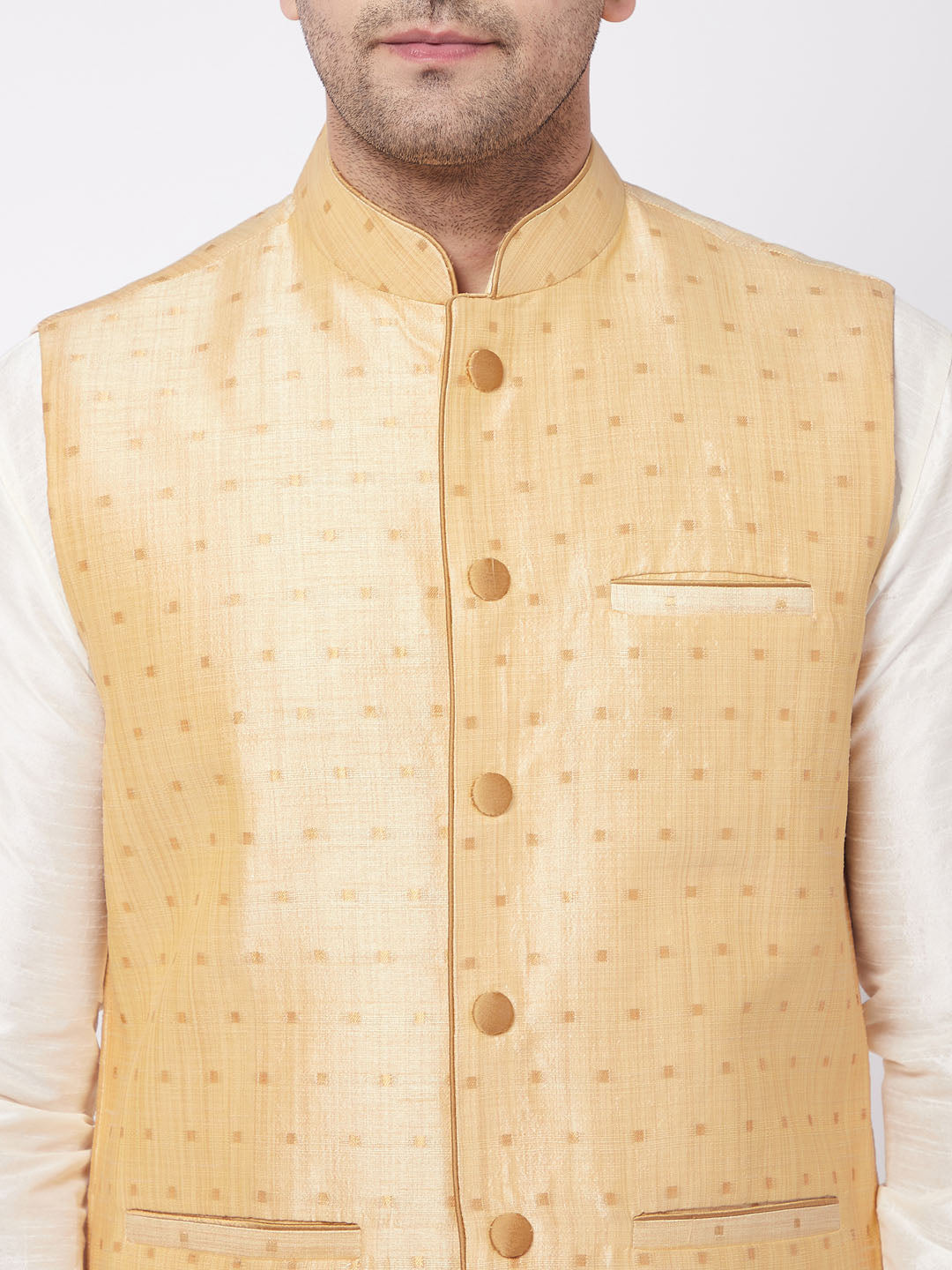 Sarvati Men's Gold Zari Weaved Jacket With Kurta Pyjama Set