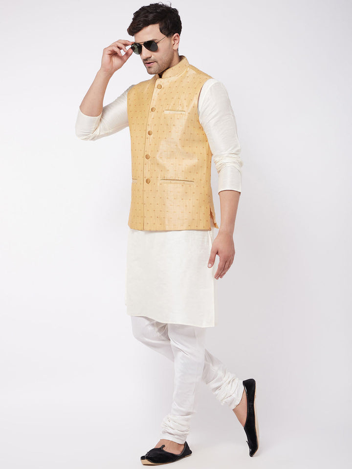 Sarvati Men's Gold Zari Weaved Jacket With Kurta Pyjama Set