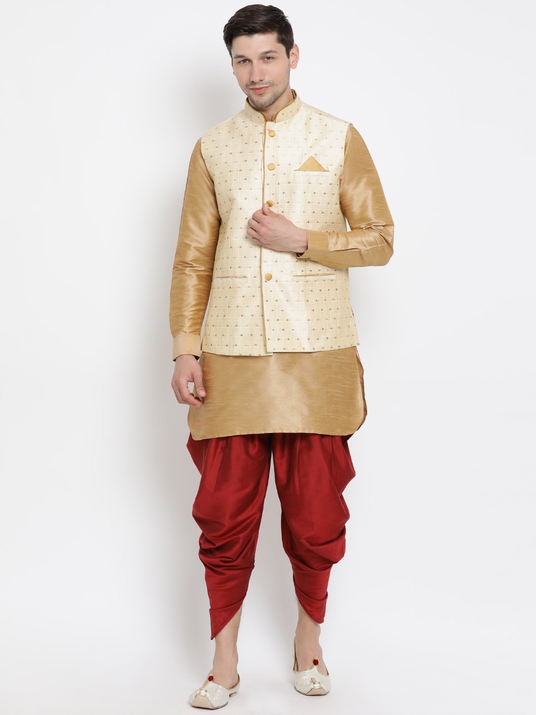 Sarvati Men's Gold Zari Weaved Jacket With Kurta Dhoti Set