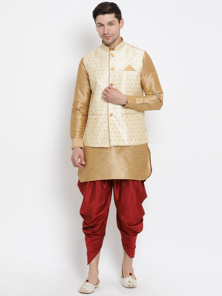 Sarvati Men's Gold Zari Weaved Jacket With Kurta Dhoti Set