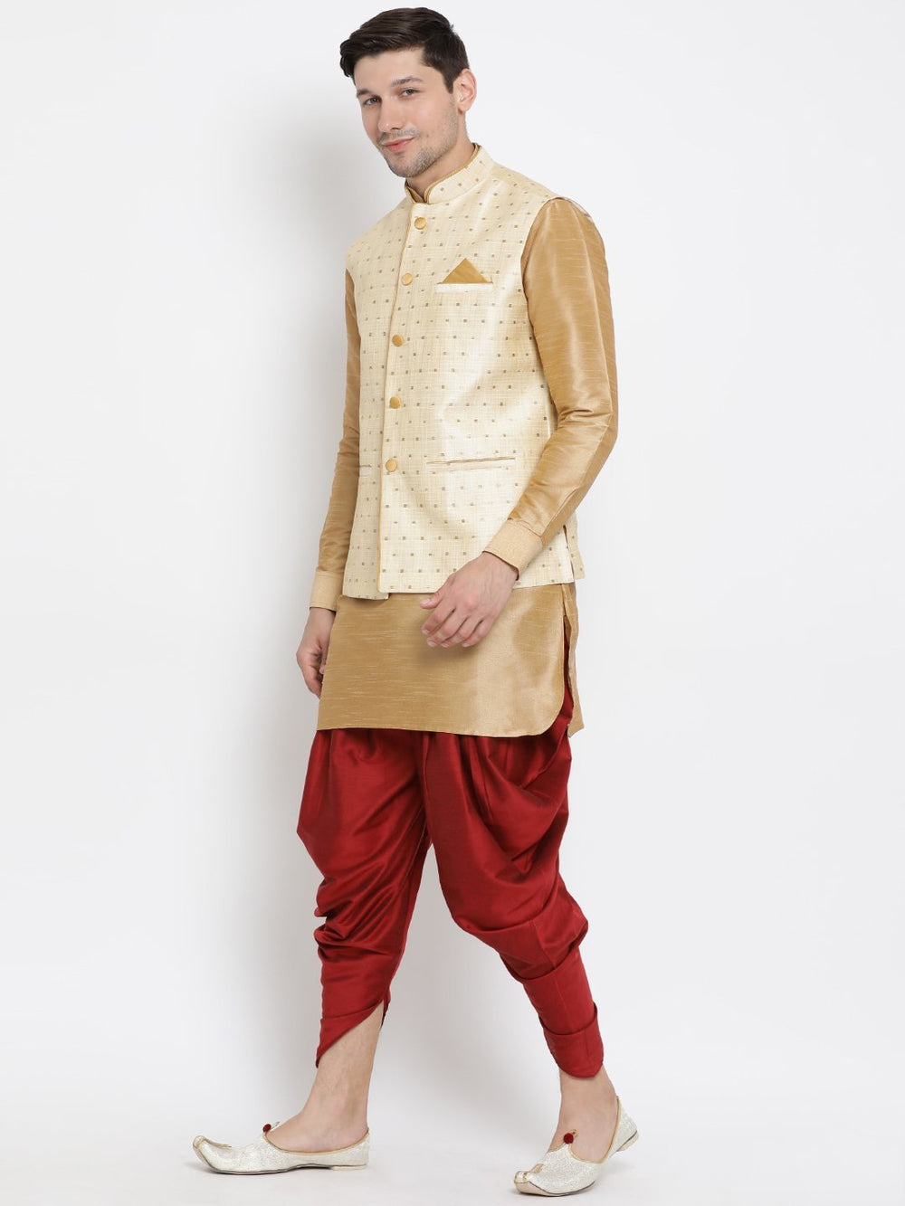 Sarvati Men's Gold Zari Weaved Jacket With Kurta Dhoti Set