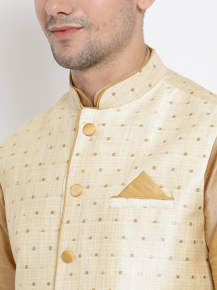 Sarvati Men's Gold Zari Weaved Jacket With Kurta Dhoti Set