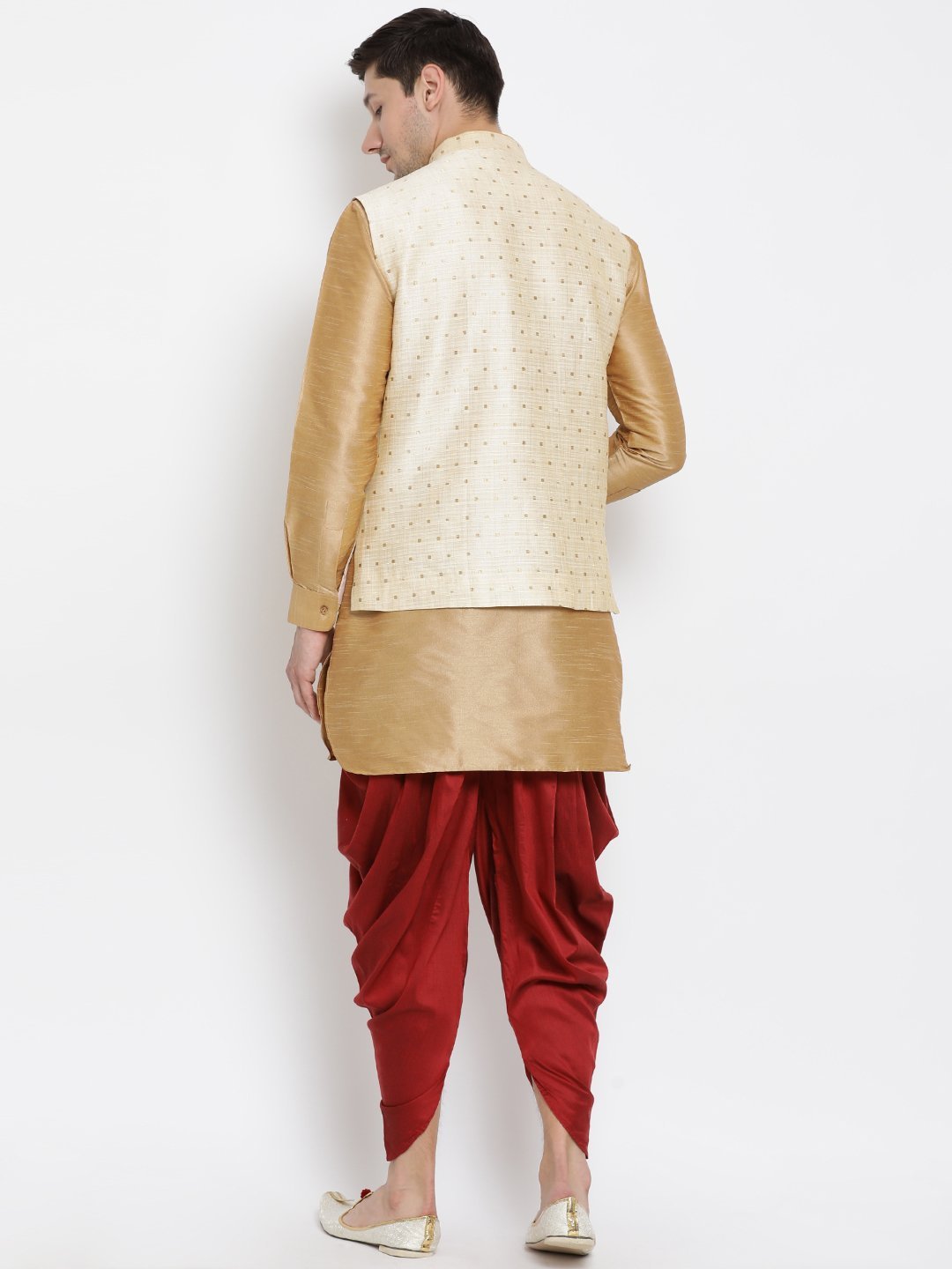 Sarvati Men's Gold Zari Weaved Jacket With Kurta Dhoti Set