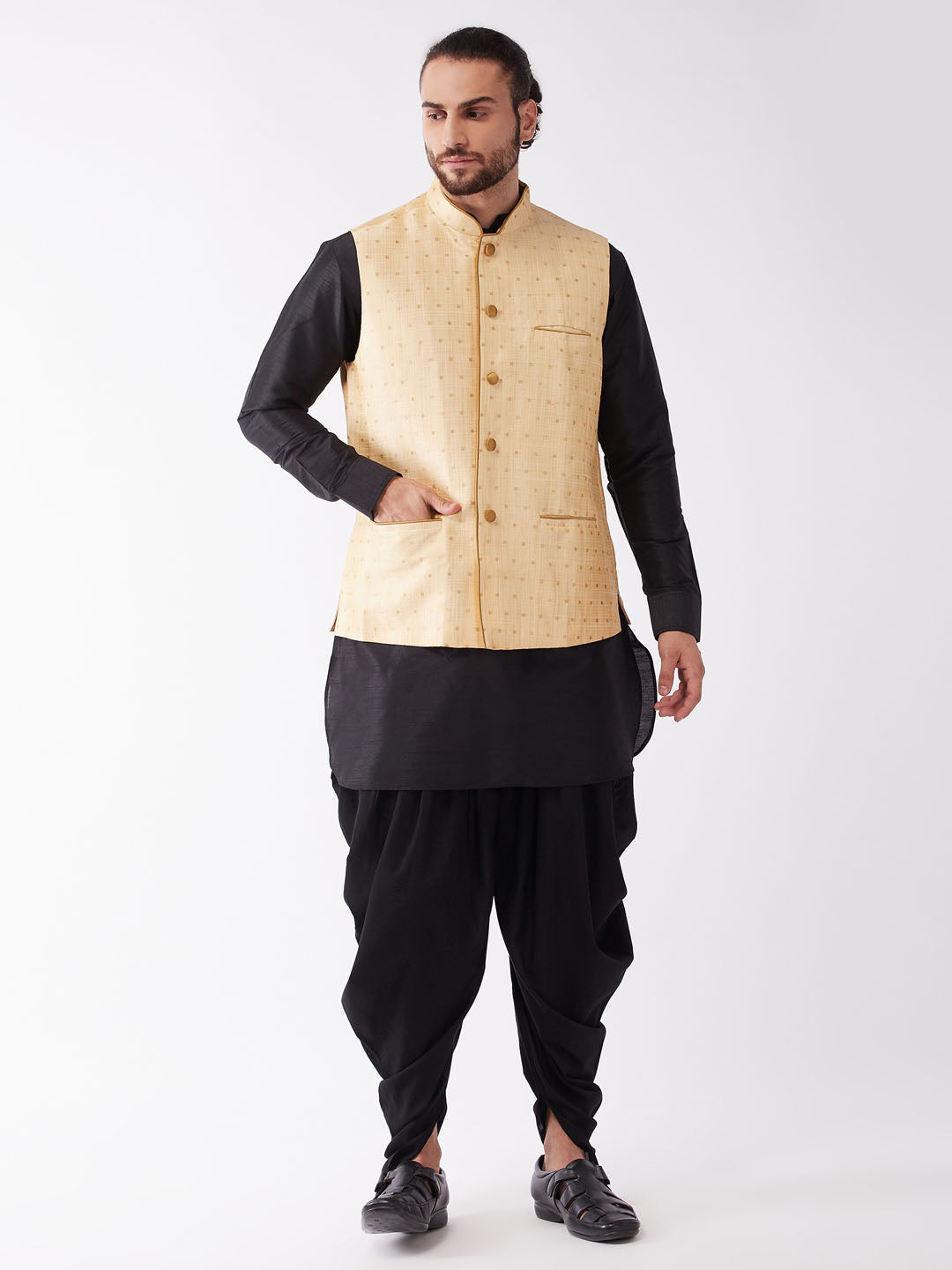 Sarvati Men's Gold Zari Weaved Jacket With Kurta Dhoti Set