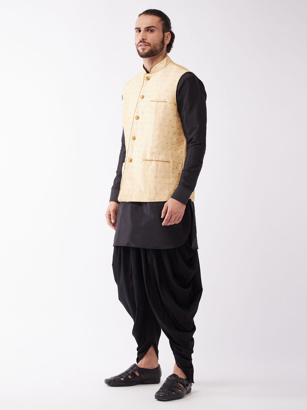 Sarvati Men's Gold Zari Weaved Jacket With Kurta Dhoti Set