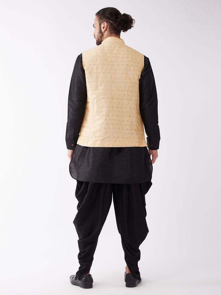 Sarvati Men's Gold Zari Weaved Jacket With Kurta Dhoti Set