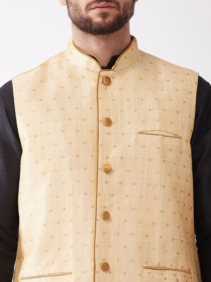 Sarvati Men's Gold Zari Weaved Jacket With Kurta Dhoti Set
