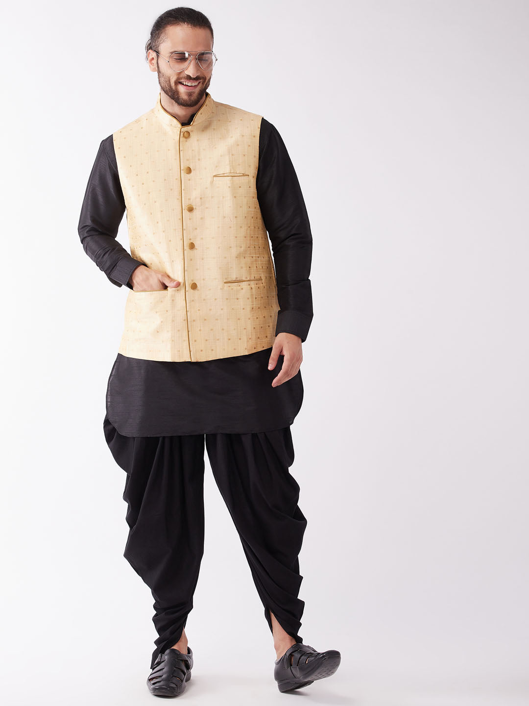 Sarvati Men's Gold Zari Weaved Jacket With Kurta Dhoti Set