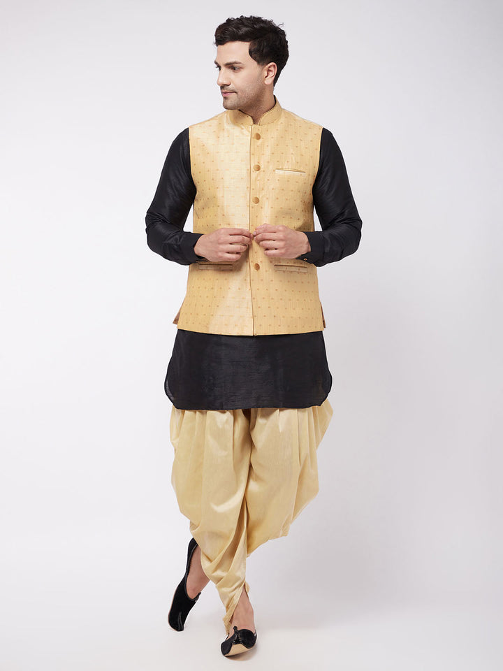 Sarvati Men's Gold Zari Weaved Jacket With Kurta Dhoti Set