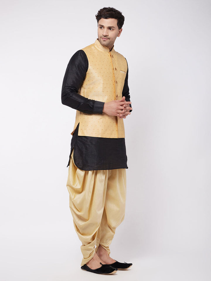 Sarvati Men's Gold Zari Weaved Jacket With Kurta Dhoti Set