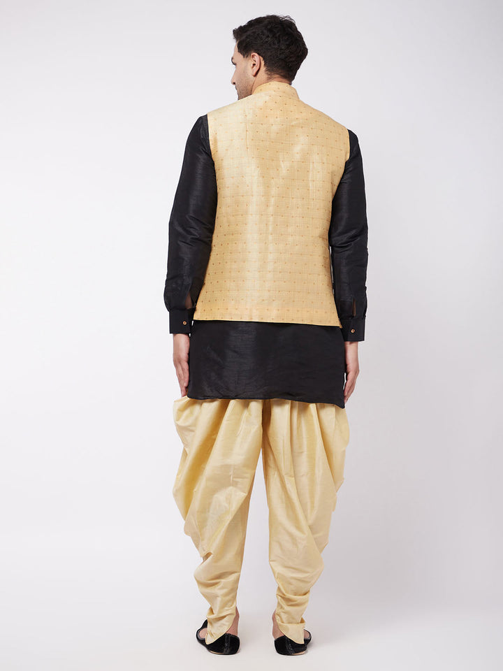 Sarvati Men's Gold Zari Weaved Jacket With Kurta Dhoti Set