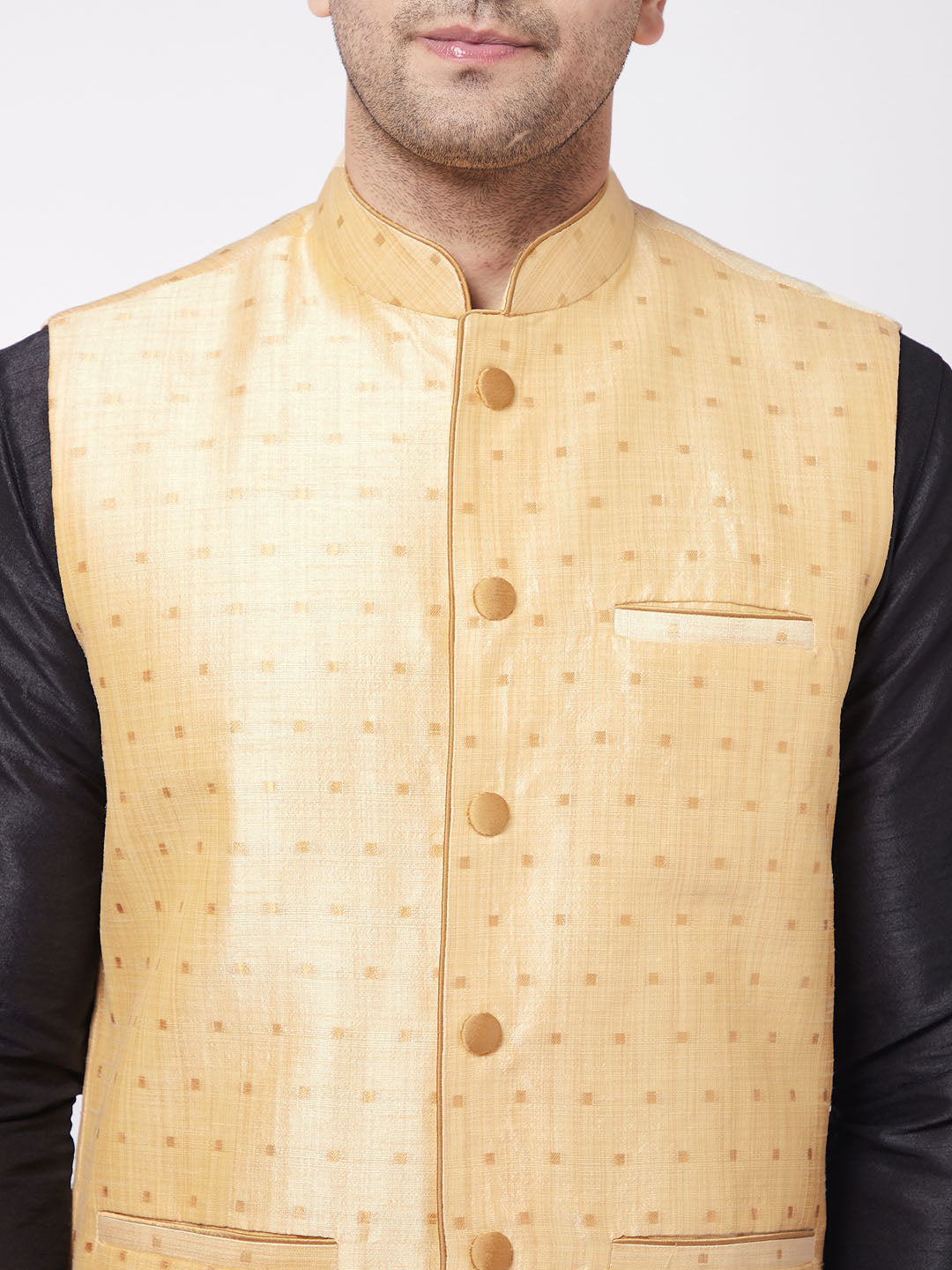 Sarvati Men's Gold Zari Weaved Jacket With Kurta Dhoti Set