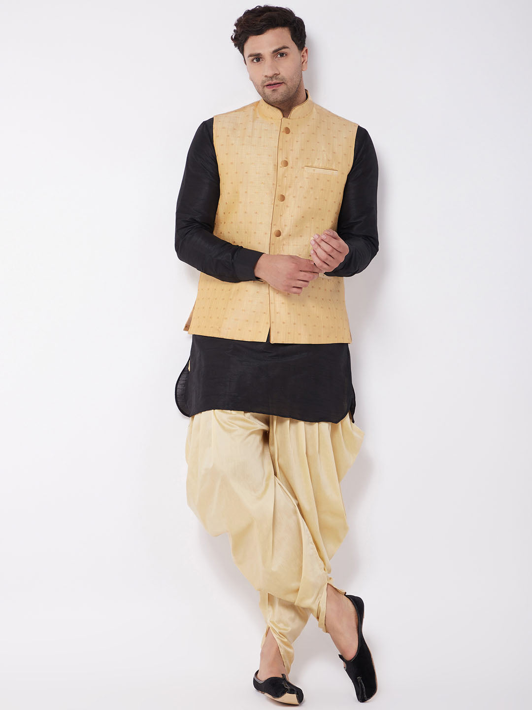 Sarvati Men's Gold Zari Weaved Jacket With Kurta Dhoti Set